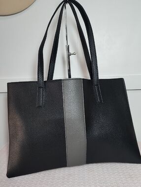 Vince Camuto Black Pebbled Vegan Leather Gray Stripe Laptop Bag Tote Purse